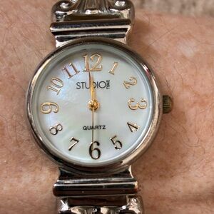 Studio Time Womens Silver-Tone Mother-of-Pearl Bracelet Watch